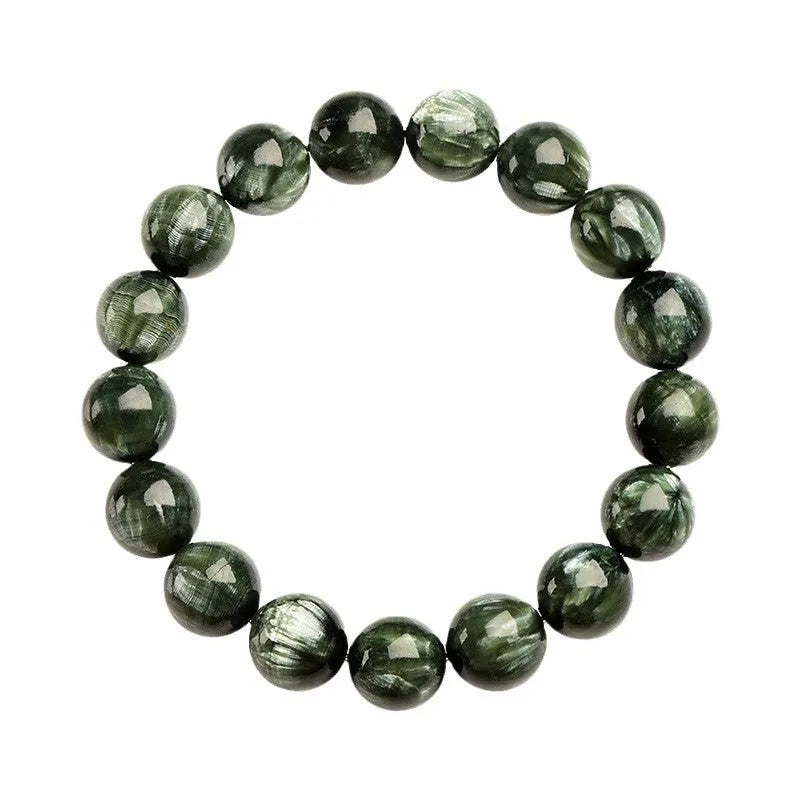 Green Dragon Crystal bracelet with round 8-9mm beads on a wrist.