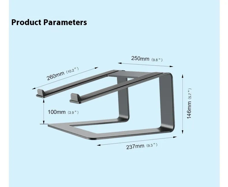 Black aluminium alloy laptop stand on desk with laptop elevated