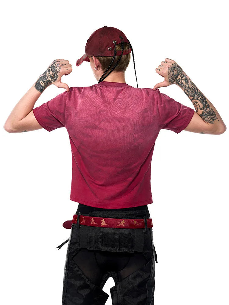 Red men's slim-fit t-shirt with a distressed spray wash effect on the fabric.