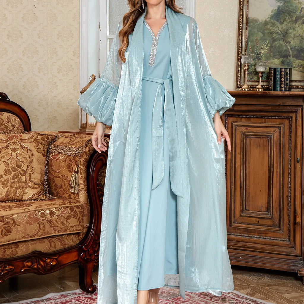 Dubai two-piece dress set with rhinestone detailing in brown colour showing long sleeves and long skirt