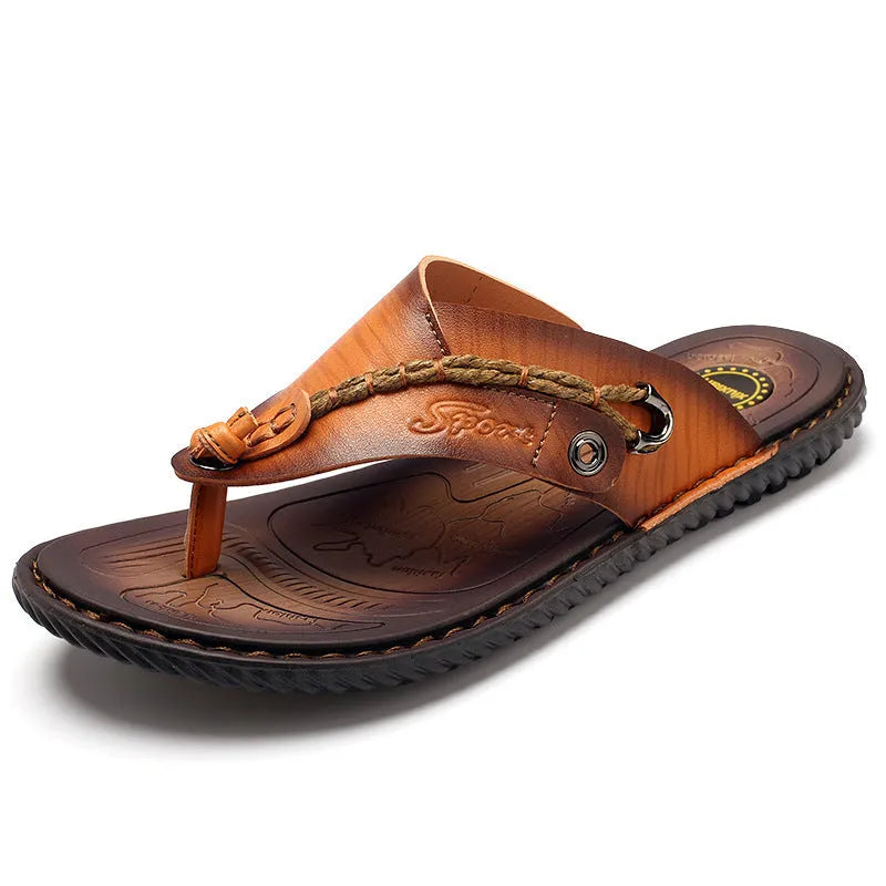Men's dark blue herringbone pattern outdoor slippers with leather lining and a rubber sole.