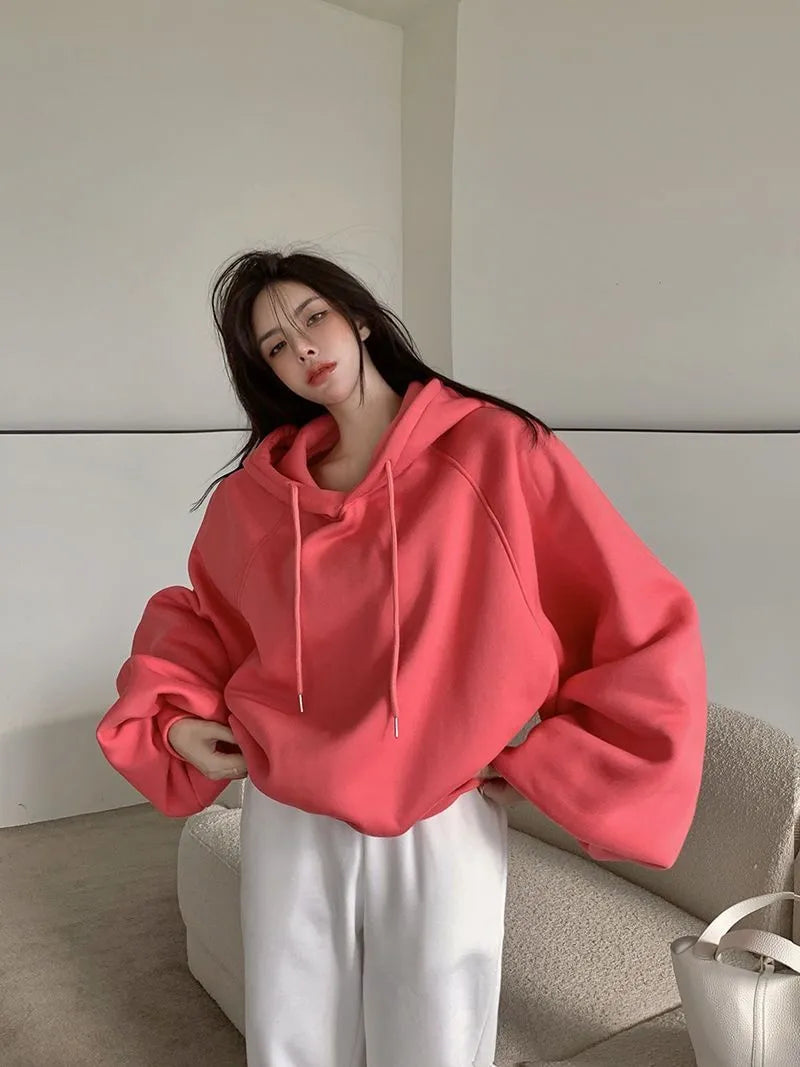 Women's watermelon red mulberry silk hooded sweater loose fit sleeveless