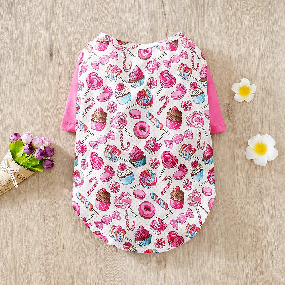 Printed casual T-shirt for small dogs in polyester fabric showing sizing chart with bust and length measurements