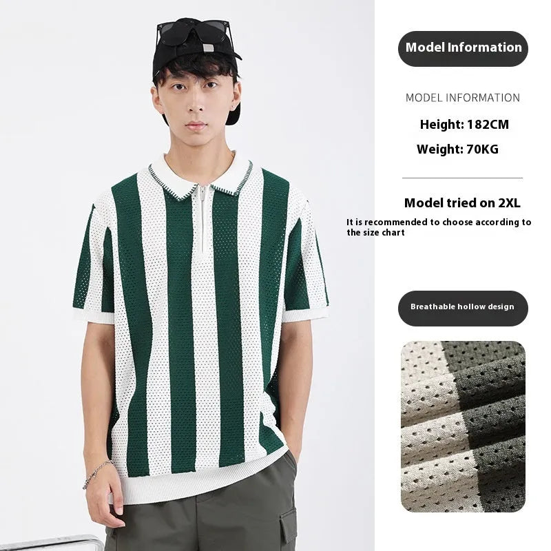 Man wearing a black and white striped short sleeve viscose sweater with a silver zipper decoration on the front.