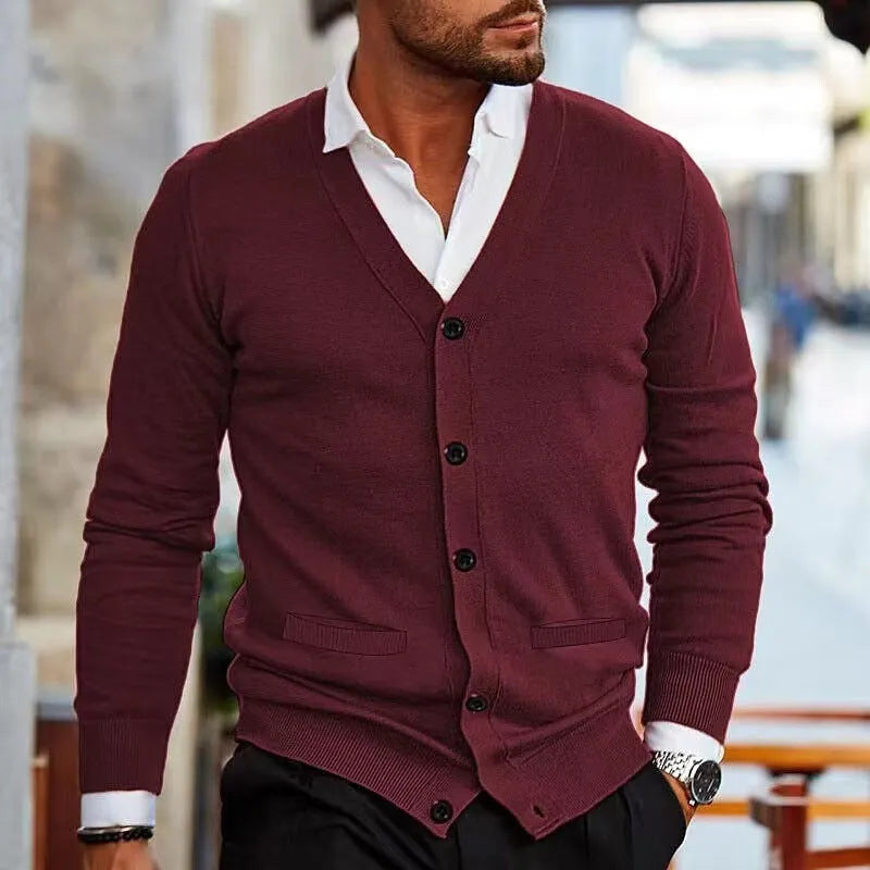 Men's slim fit acrylic cardigan sweater coat in wine red colour showing front button detail