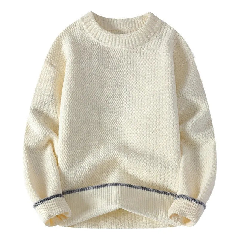 A man's grey loose-fit round-neck long-sleeve casual pullover sweater on a plain background.