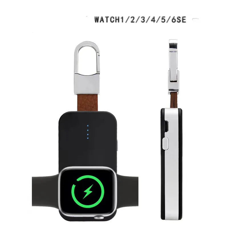 Black Apple Watch portable wireless charger keychain with USB port on a keyring.