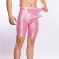 Plus size men's shiny silky nylon sports shorts on a hanger, available in multiple colours.