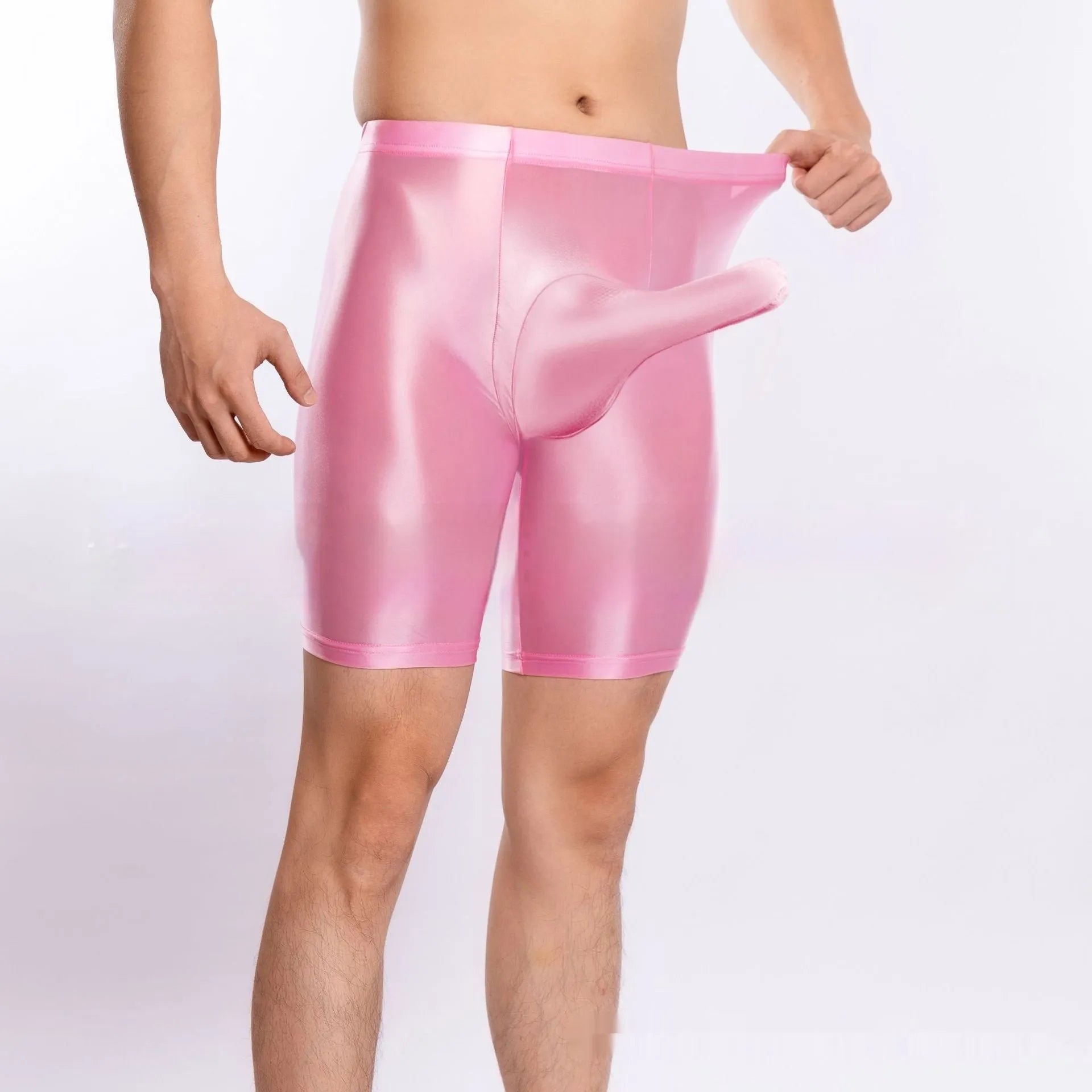 Plus size men's shiny silky nylon sports shorts on a hanger, available in multiple colours.