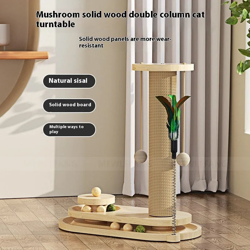 Solid wood cat climbing frame with oval turntable scratching post