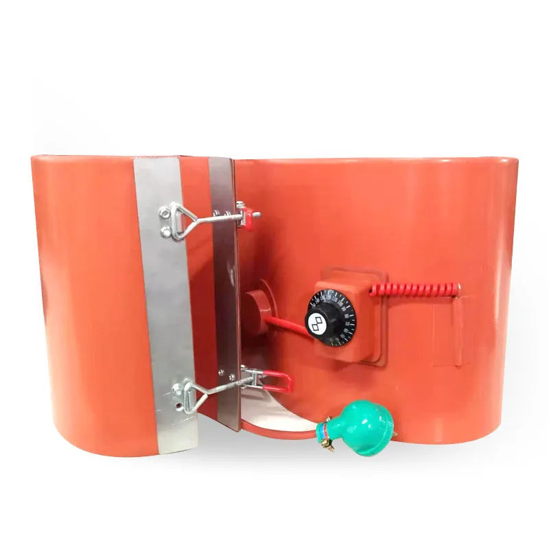 Silicone rubber heating belt wrapped around 200-litre oil drum with digital control display visible