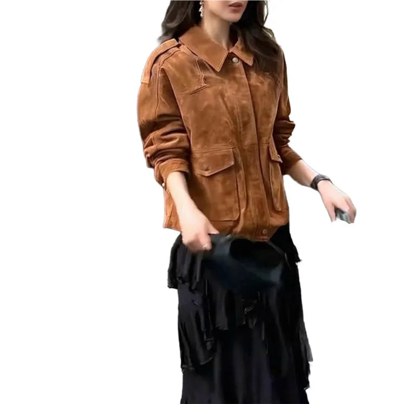 Women's brown polyester suede coat with regular sleeves in street chic style showing front view