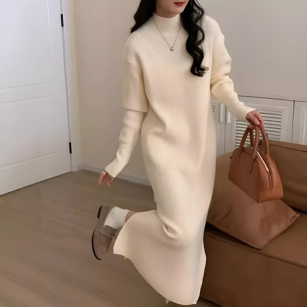 Half turtleneck acrylic knitted dress in knee length with high waist design