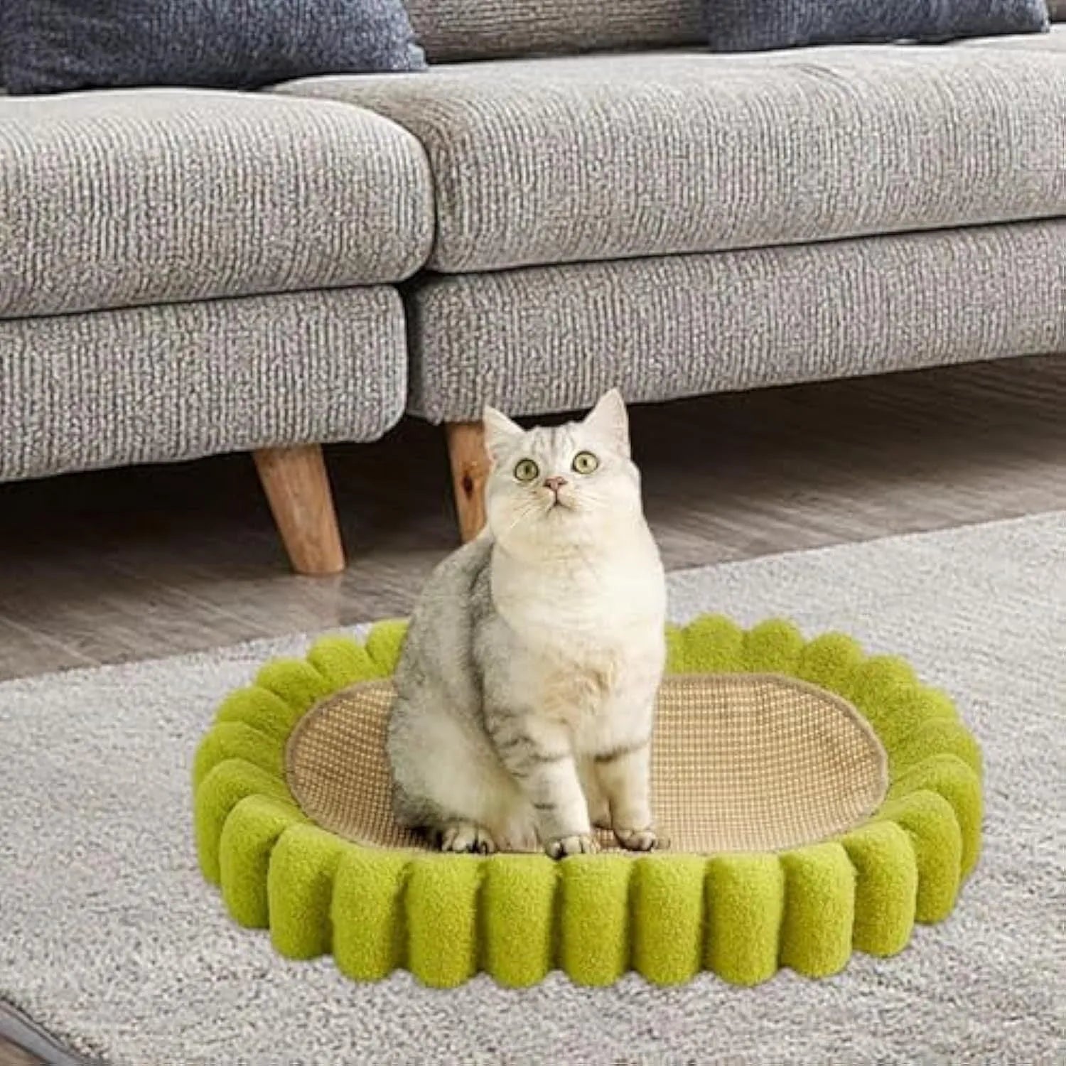 Green oval cat scratch pad bowl made from sisal measuring 650x420x100mm
