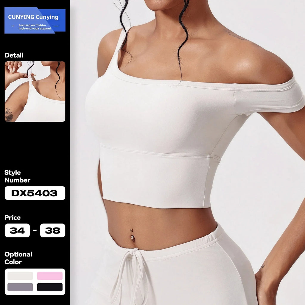 Asymmetric padded yoga vest in white with wireless full cup design and fixed double straps for women