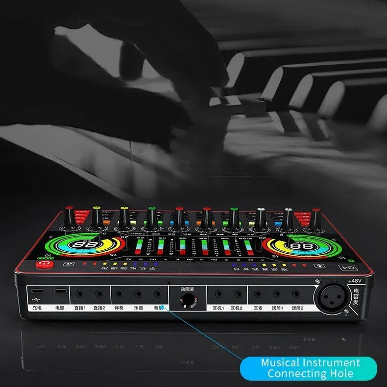 G4 professional sound card mixer with LCD display, microphone, remote control, and audio cables