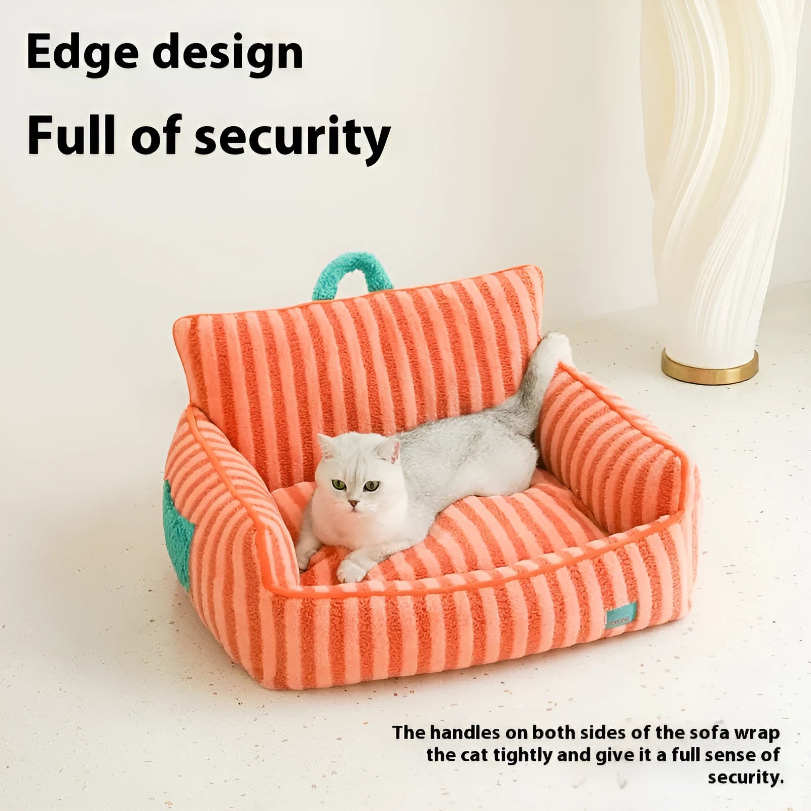 Striped soft velvet pet bed for dogs in orange, purple or yellow colours with removable cover