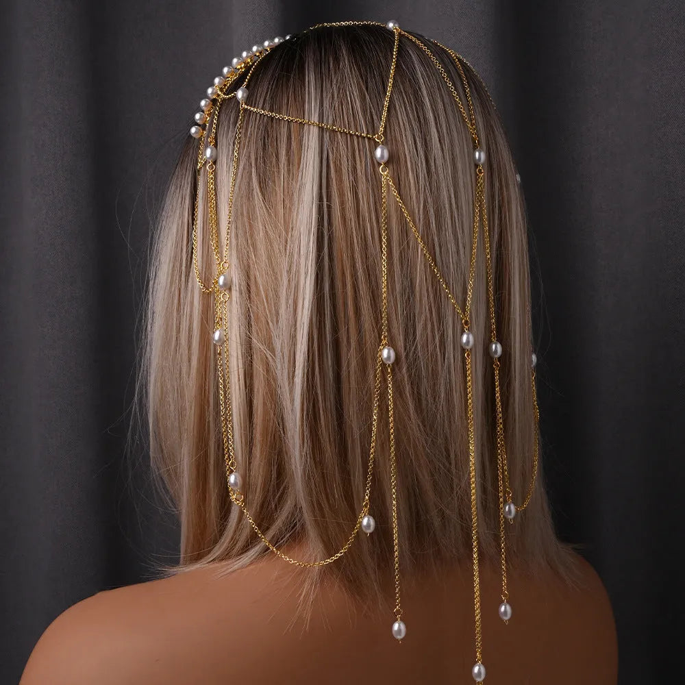 Gold mesh hair chain with pearl embellishments and tassel details for women