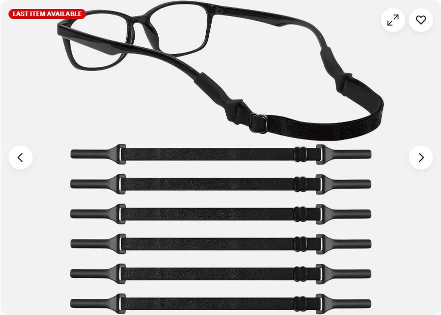 Black adjustable glasses cord with silicone earpieces and fibre rope in adult and children's sizes