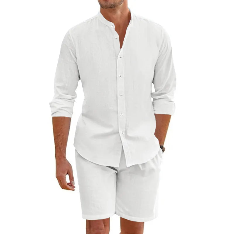 Men's dark grey hemp blend linen short sleeve shirt and drawstring shorts summer suit set