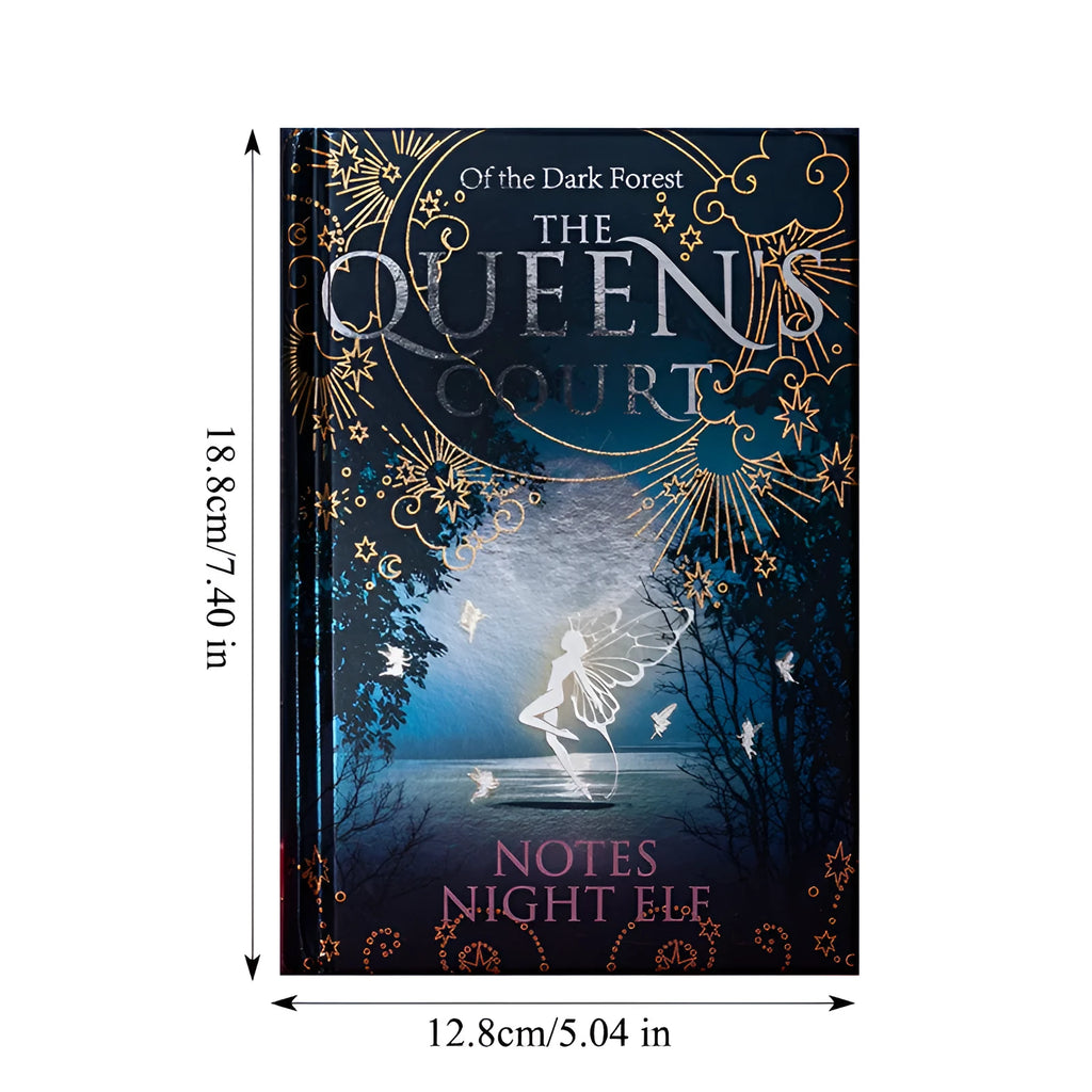 Blue luminous A5 notebook with night elves artwork, open to show full-colour illustrated pages