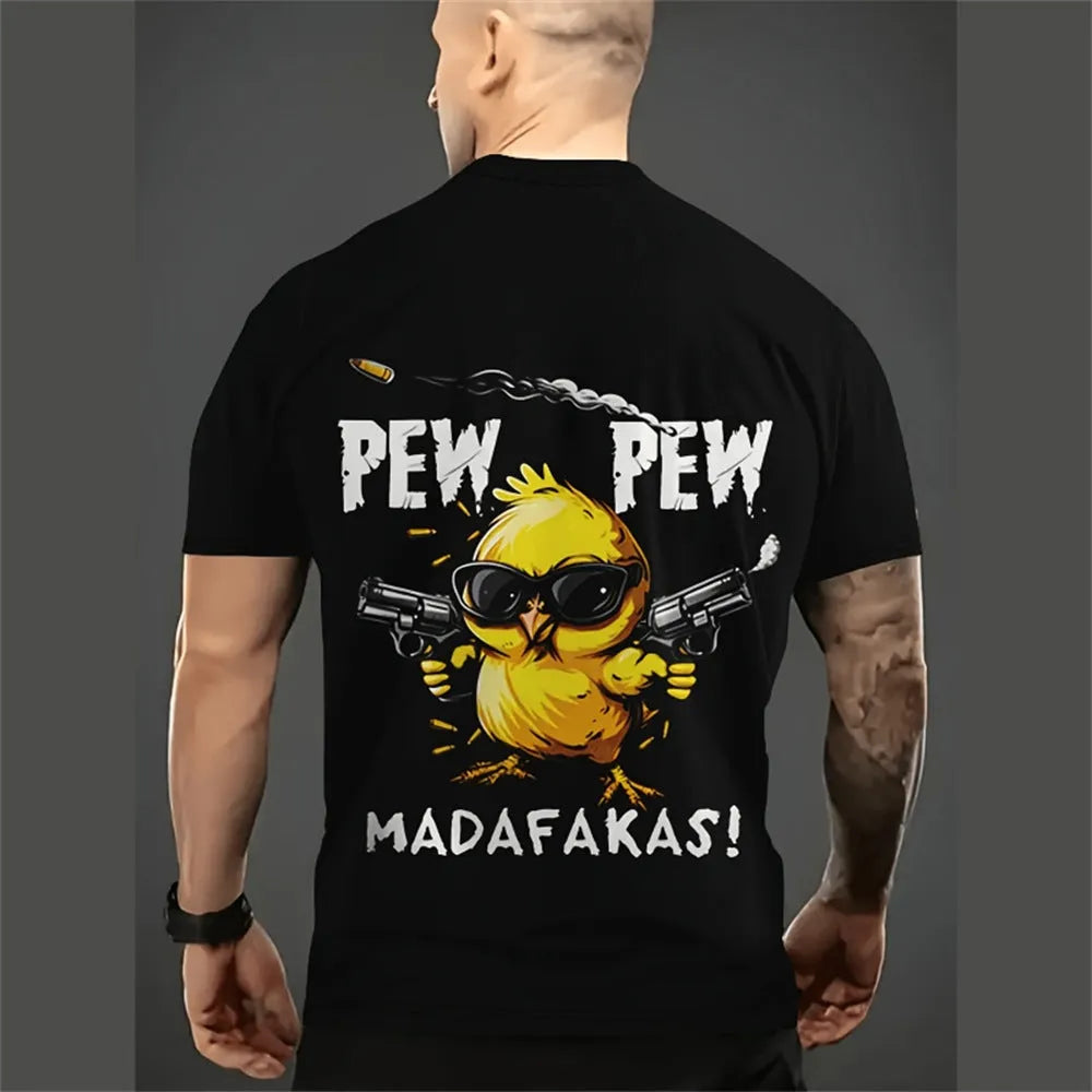 Front view of a men's loose grey T-shirt with a cartoon character 3D print, short sleeves.
