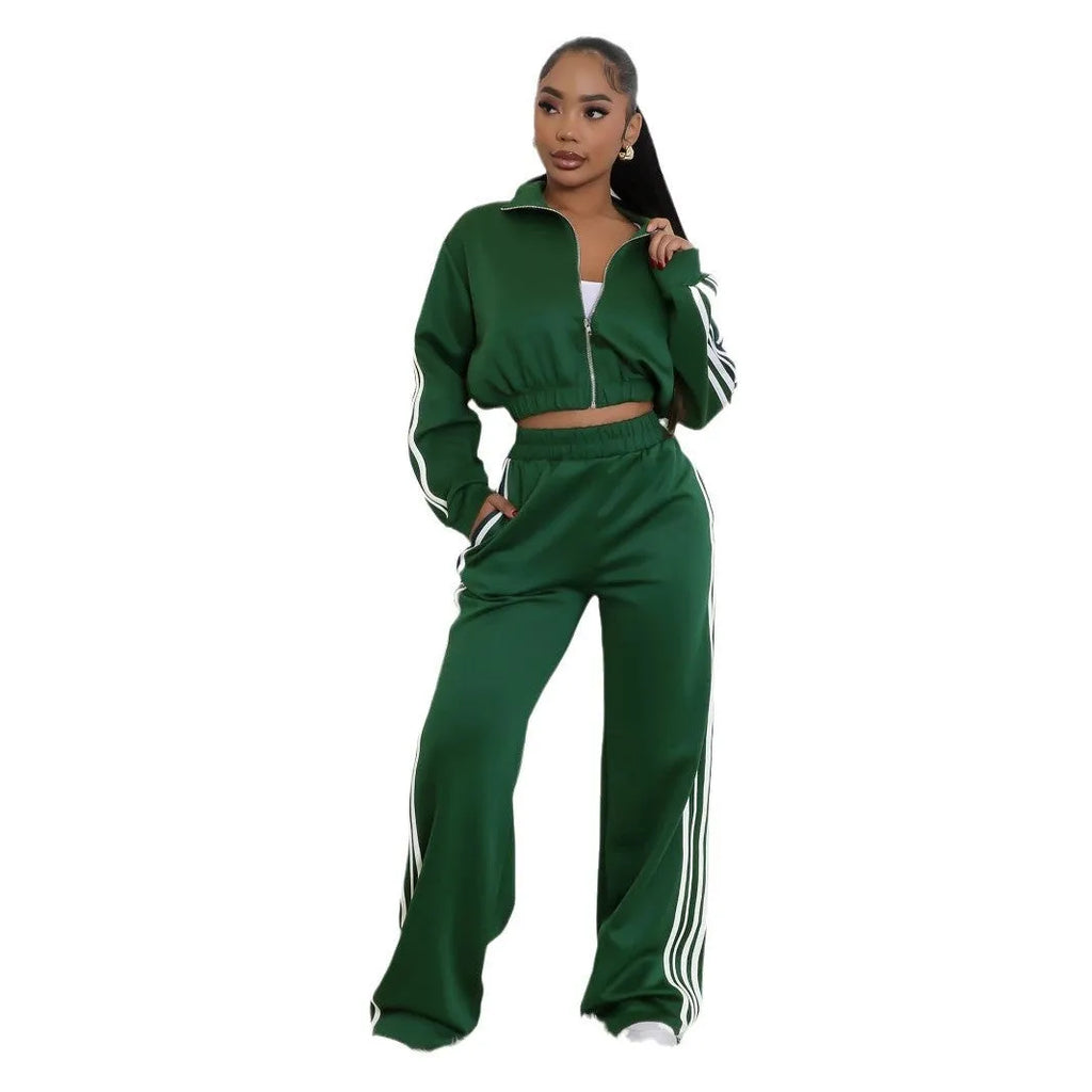 Street hipster striped polyester two-piece set showing sweater and trousers in grey, black, red, pink, green, or blue colours