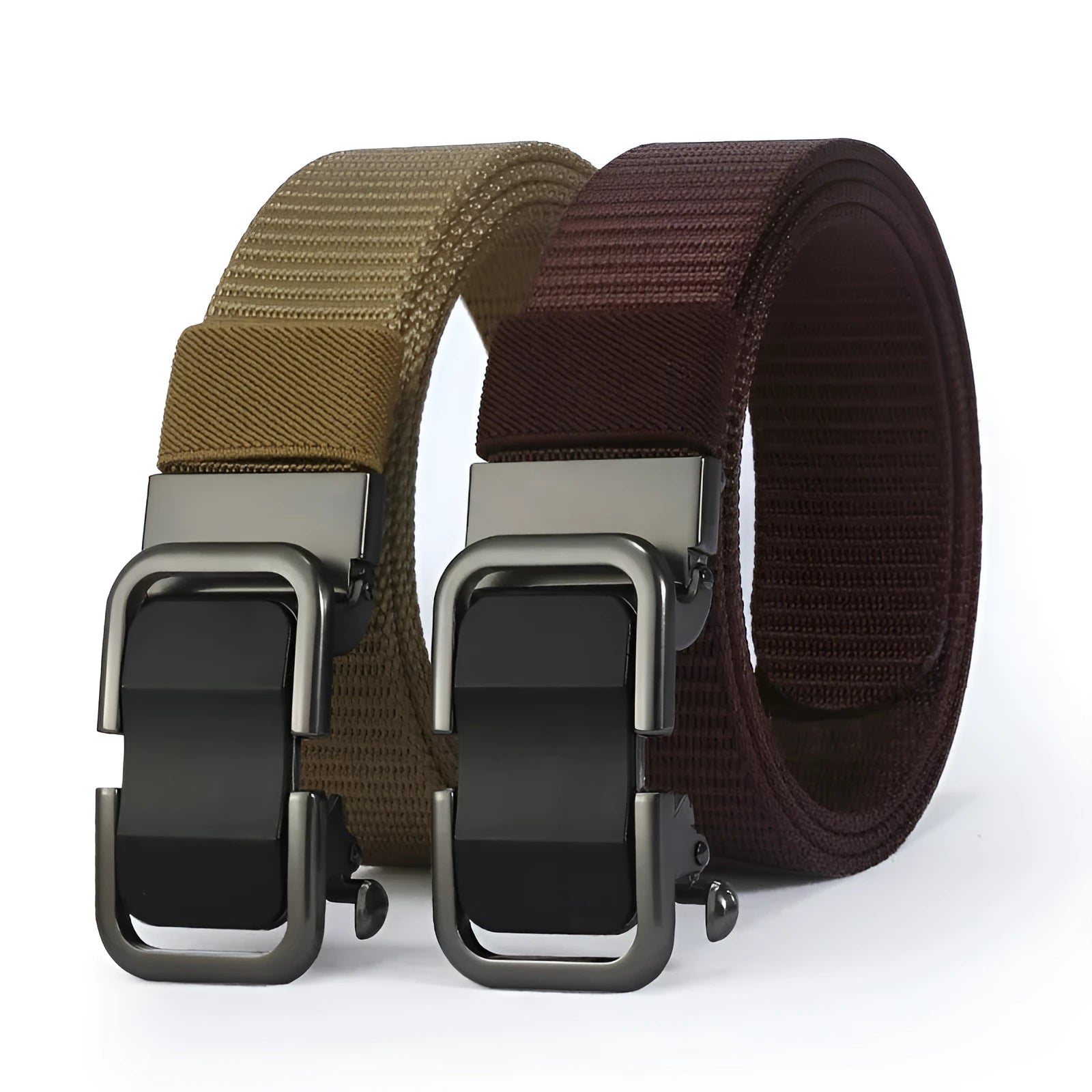 Men's nylon canvas belt with toothless alloy buckle shown in army green colour