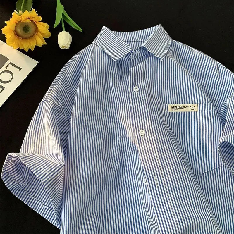 Blue and green striped loose fit plus size casual shirt with half sleeves