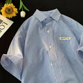 Blue and green striped loose fit plus size casual shirt with half sleeves