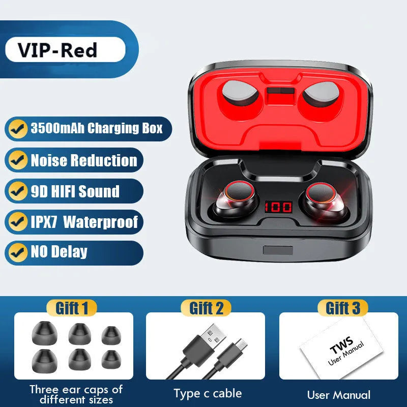 Wireless Bluetooth gaming headset with charging box in black, red, or blue