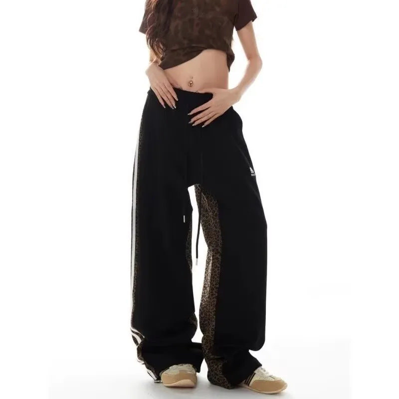 Youth popularity high waist straight trousers for teen boys in black polyester with patchwork stitching