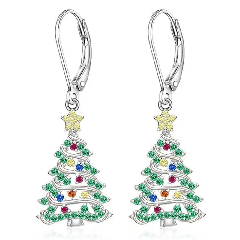 White gold colour Christmas tree earrings with star-shaped copper pendant design