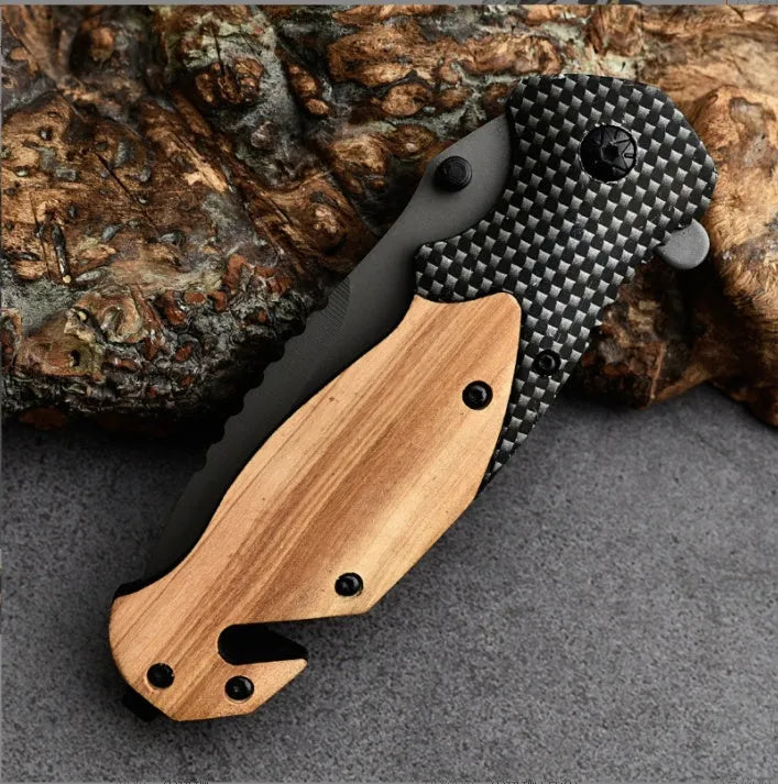 Outdoor Moonlight folding camping knife with laser Damascus pattern stainless steel blade and sandalwood handle