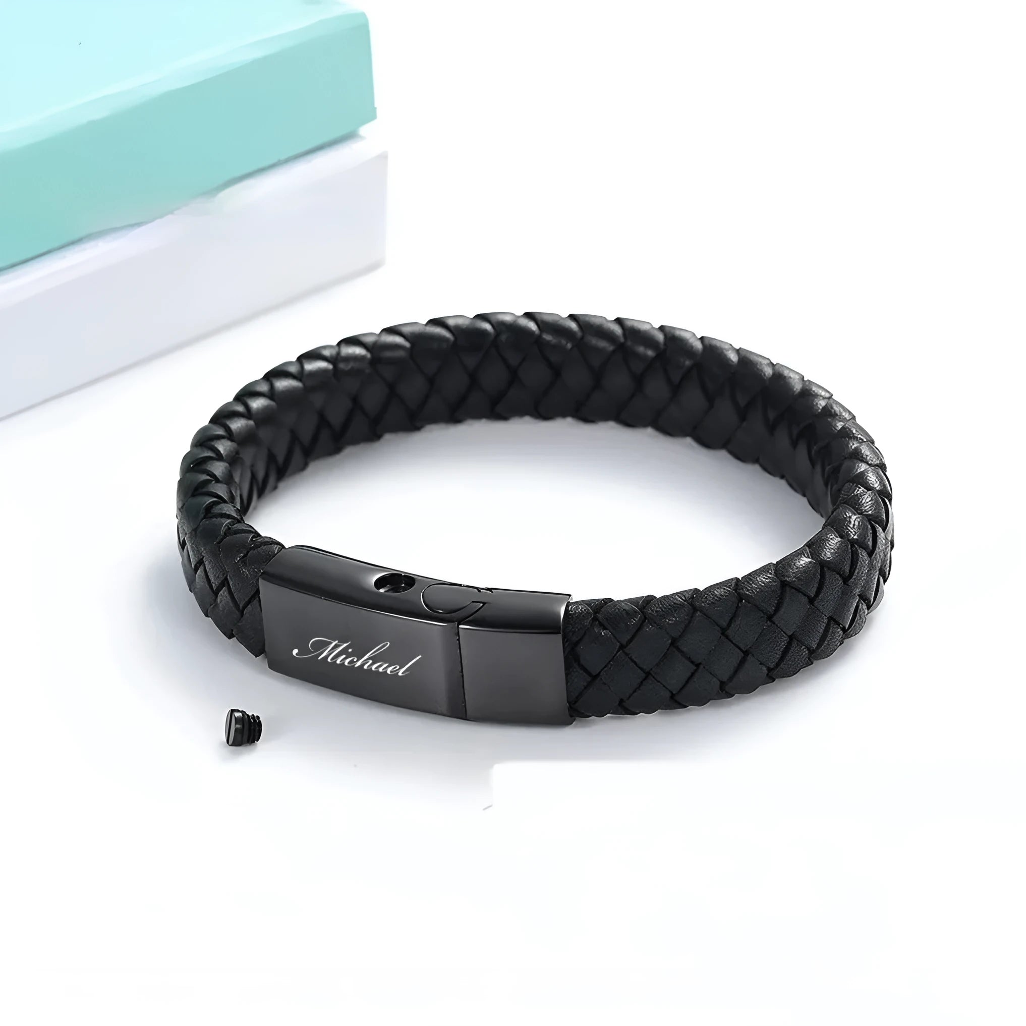 Black leather and stainless steel casket bracelet with English letter personalisation