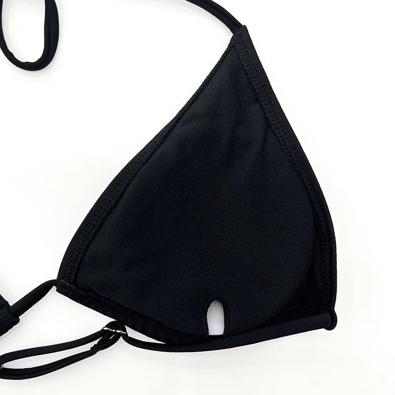 Black mesh four-piece bikini set with long sleeves for women's swimming and sports