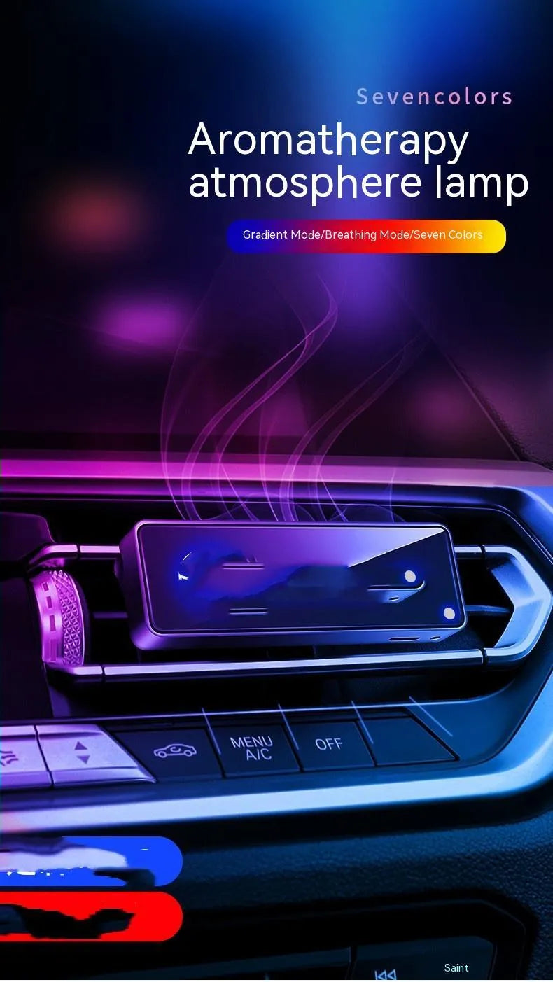 Black car air vent ambient light and perfume deodorizer with USB cable.