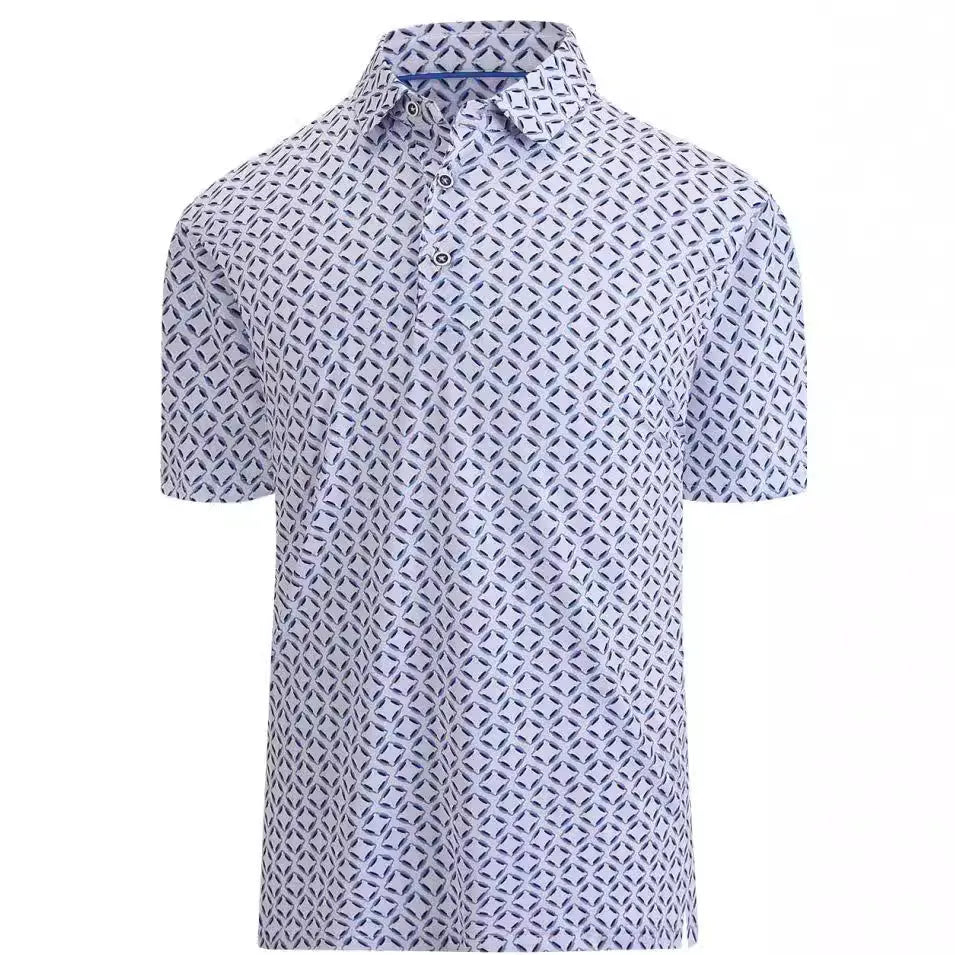 Man wearing a grey short sleeve T-shirt with a retro Japanese pattern and a decorative zipper on the chest.