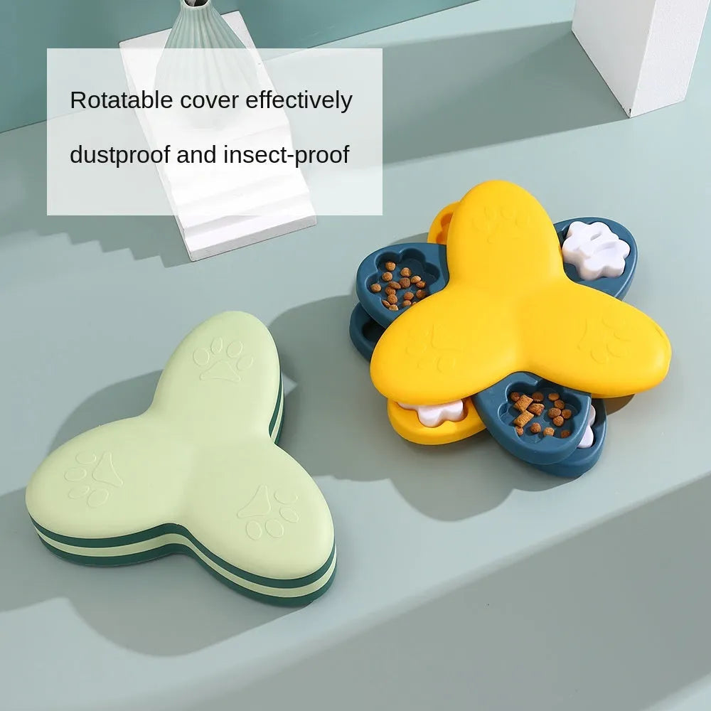 Green dog puzzle toy with bone-shaped lids and non-slip base for treat dispensing