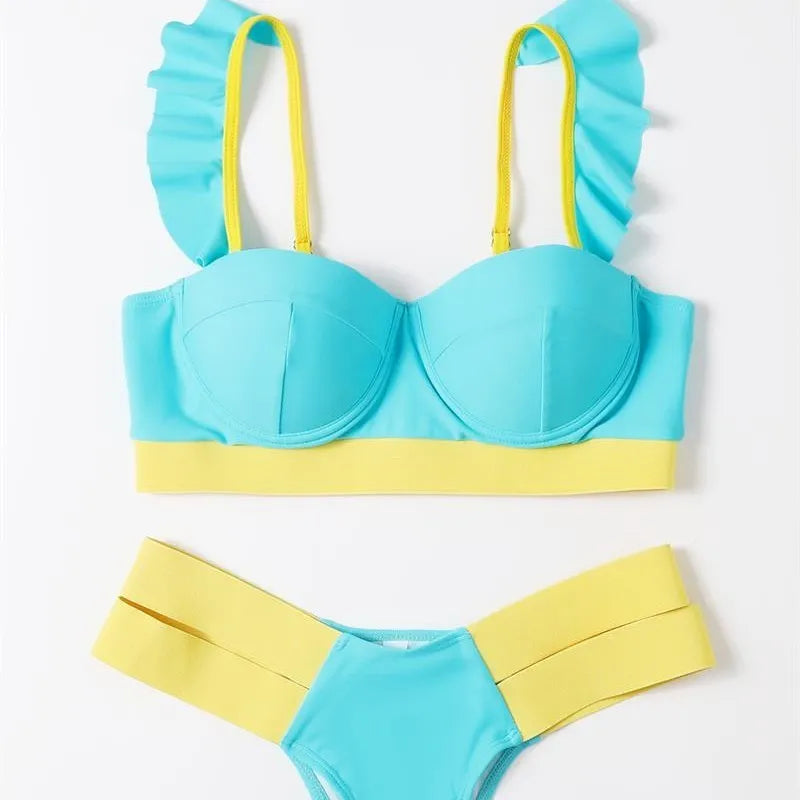 Women's push-up bikini set with steel bracket support in Rose Red, Black, Peacock Blue and Blue nylon fabric