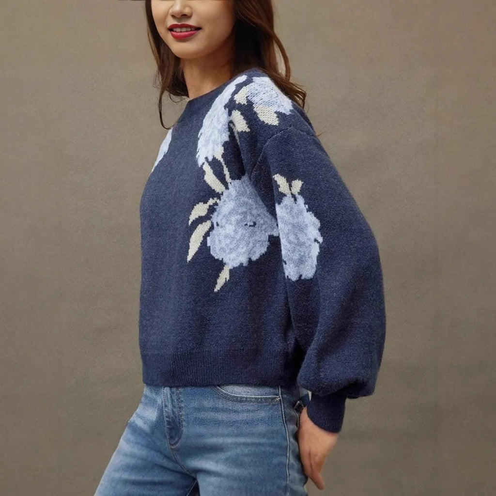 Sapphire blue women's loose fit pullover with floral jacquard pattern and off-neck design