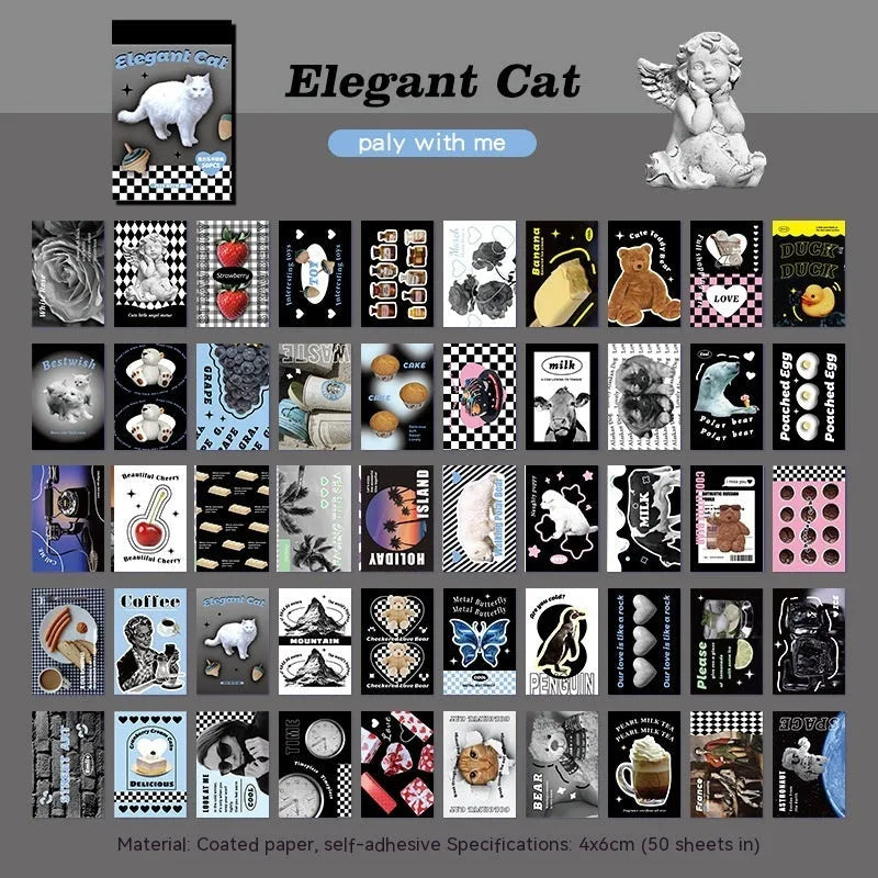 American retro cartoon sticker book showing six colour variations of 4x6cm adhesive sheets