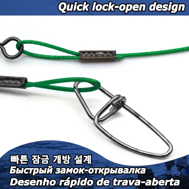 Set of green, black, and red steel wire fishing leaders with buckle pins, each 54cm long.