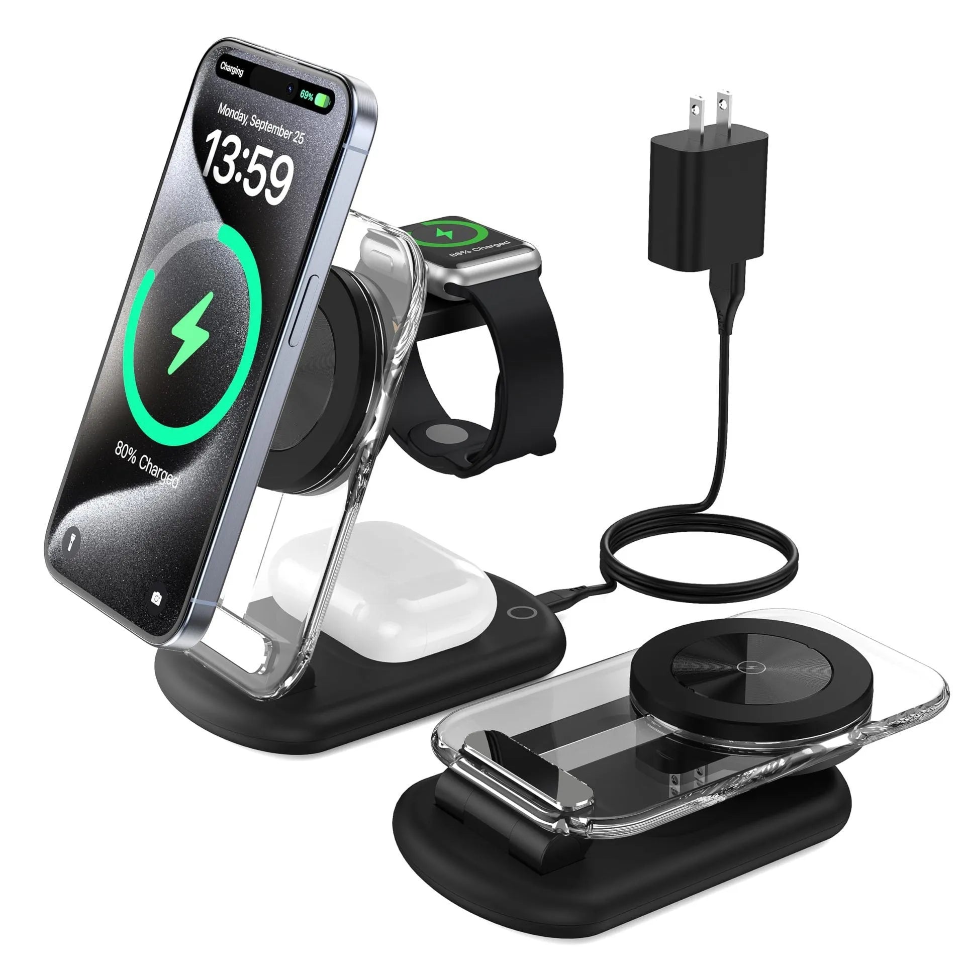 Transparent folding magnetic wireless charger showing internal components with QC3.0 fast charging support