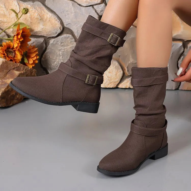 Women's square heel round toe denim leather boots in brown, mid heel 3-5cm, high cylinder, rubber sole
