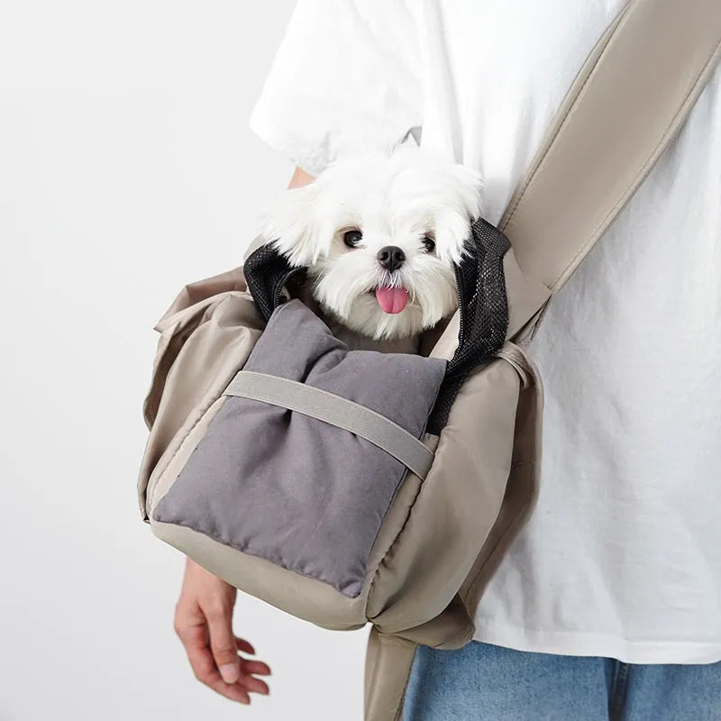 Apricot colour cloth pet carrier handbag with dimensions 41 cm long by 16 cm wide by 28 cm high