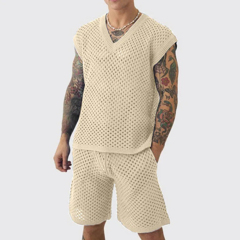Men's blue V-neck vest with matching shorts set for summer sports activities