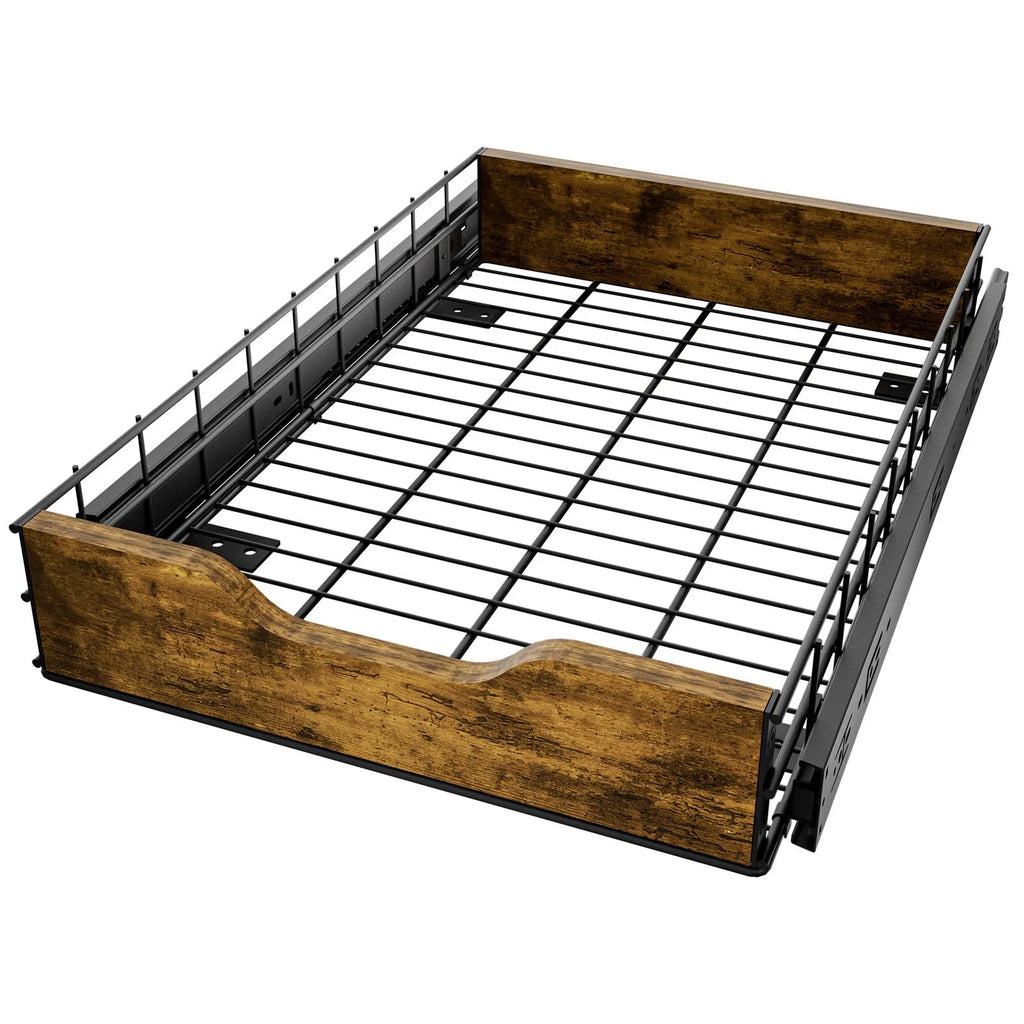 Black household storage basket drawer with pull-out mechanism, made from wood and iron.