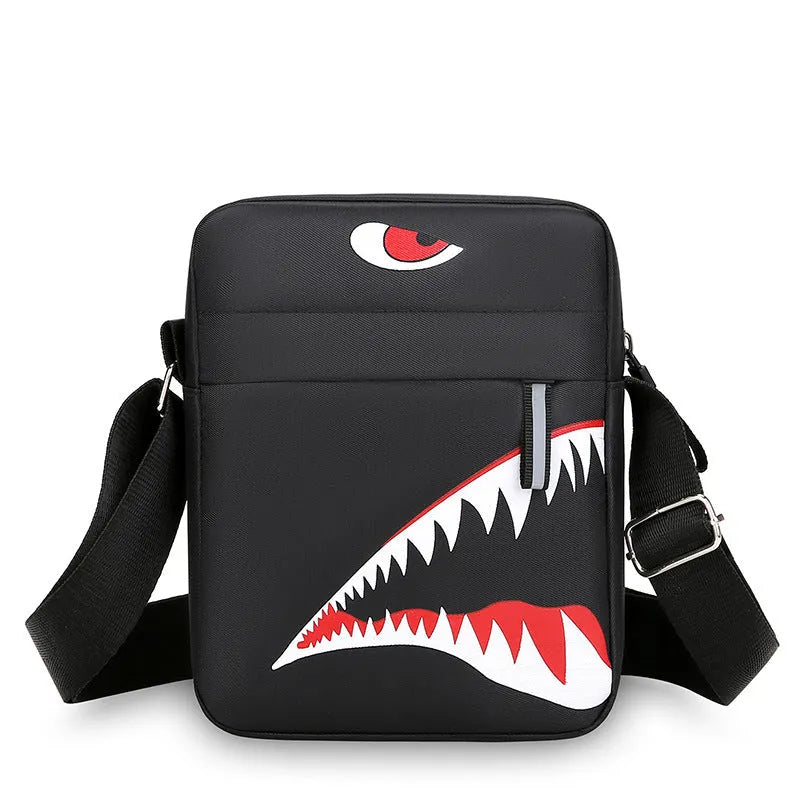 Men's small black Oxford cloth crossbody bag with animal pattern print