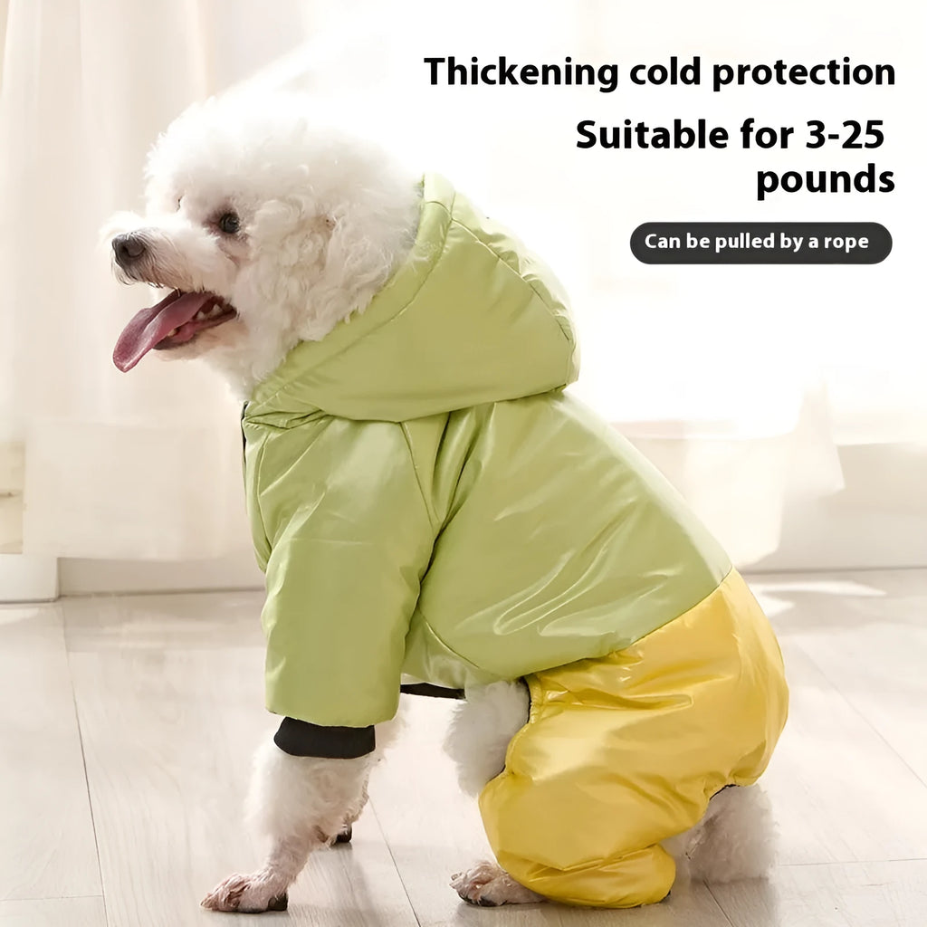 Green pink or white waterproof four-legged cotton padded dog coat shown in sizes S to 3XL